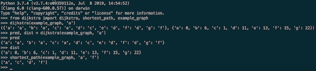 A screenshot of my terminal showing the results of running Dijkstra's algorithm.