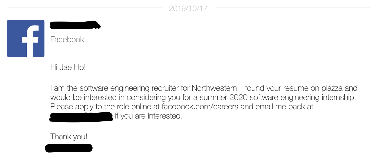 Facebook Recruiter Message on Piazza Careers